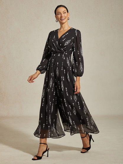 Jumpsuit Black Chiffon Printed Wide Leg Waist Cinching