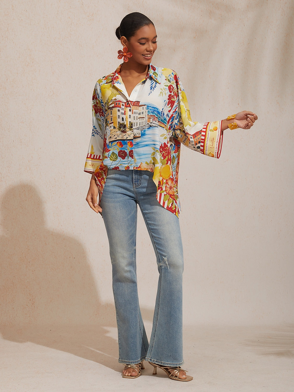 Vacation Scenic Floral Print Dolman Sleeve Chiffon Short Shirt