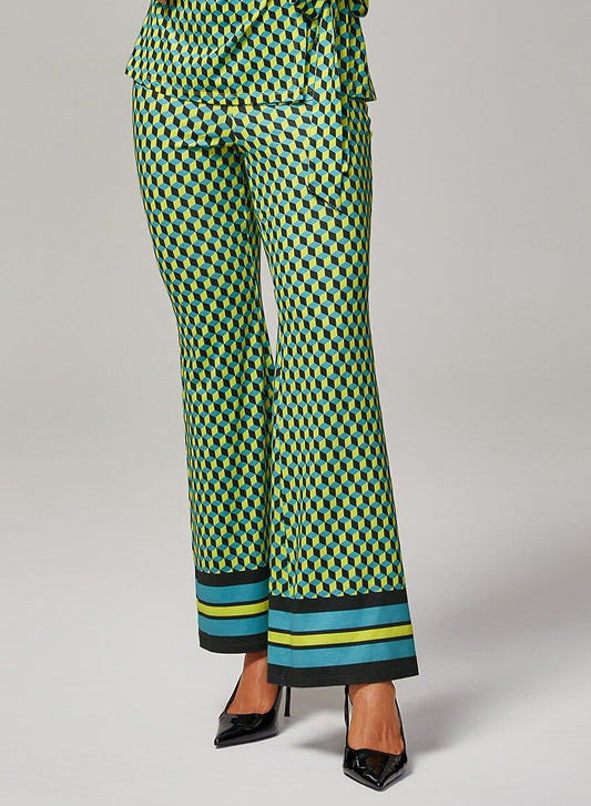 Green Geometric Print High-Stretch Flared Satin Pants