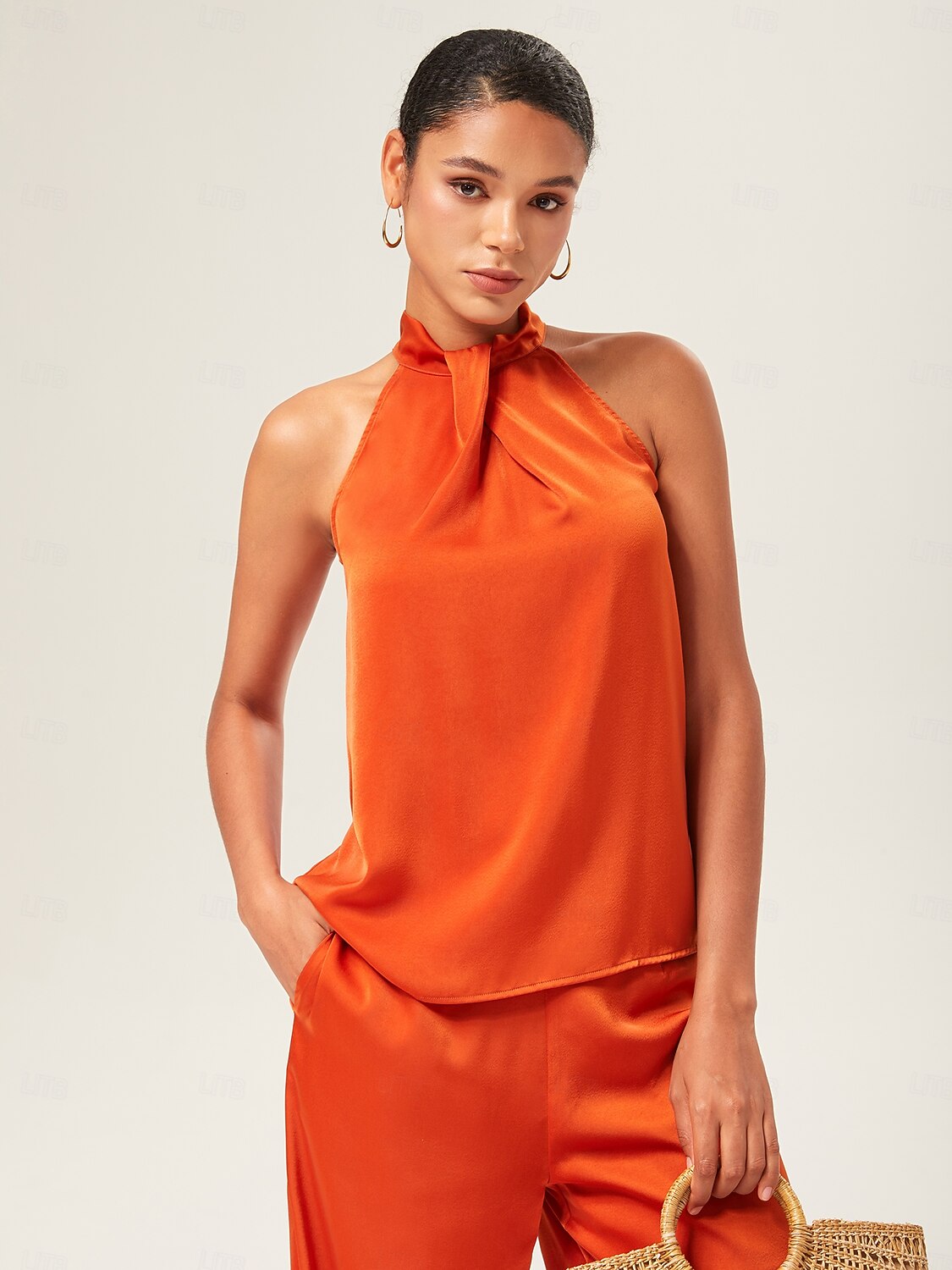 Satin Orange Stand Collar Wide Leg Pants Set