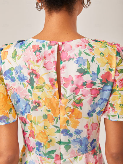 Chiffon Floral Print A-Line Short Sleeve Dress