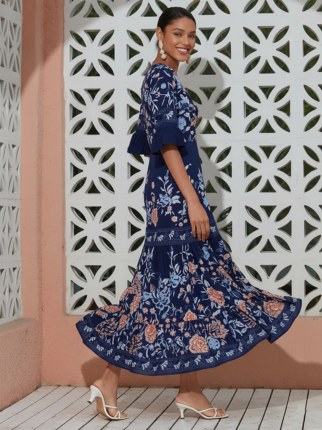 Maxi Dress Satin Floral Printing