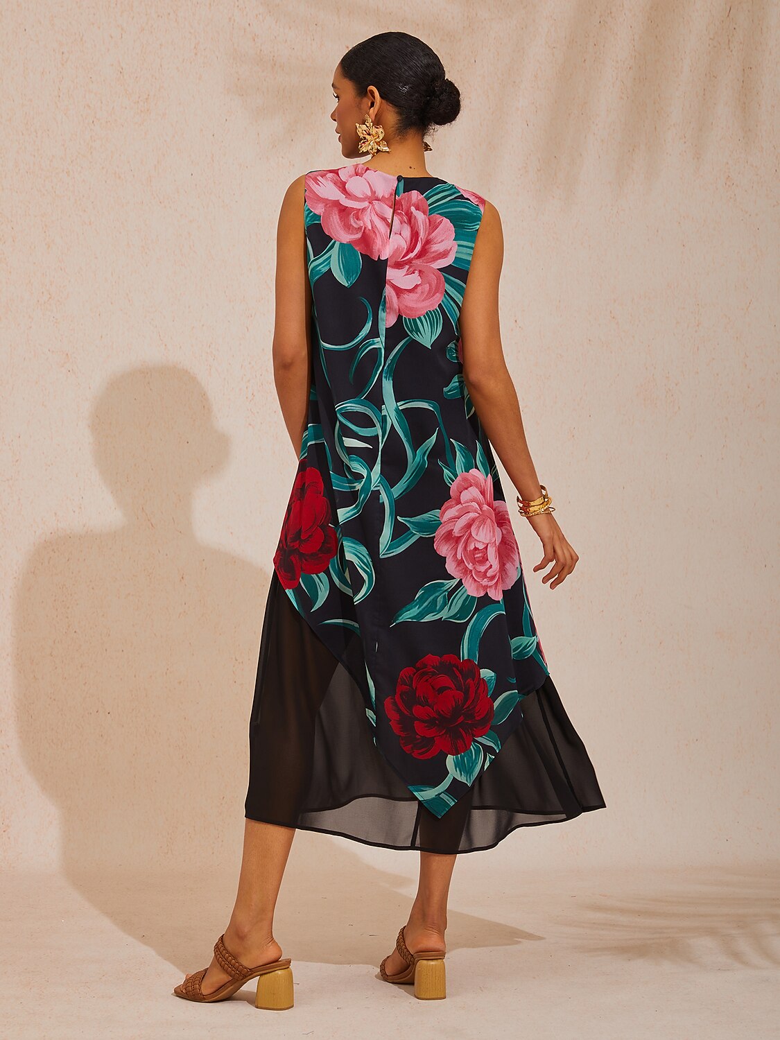 Vacation Artistic Floral Faux Layered Chiffon Maxi Dress