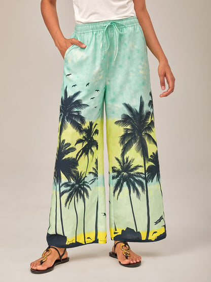 Beach Palm Tree Silhouette Wide-Leg Pants