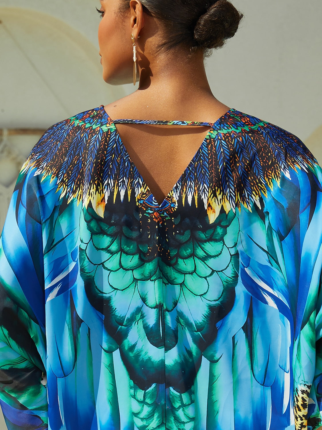 Vacation Feather Leopard Motif Dolman Sleeve Fit Satin Top