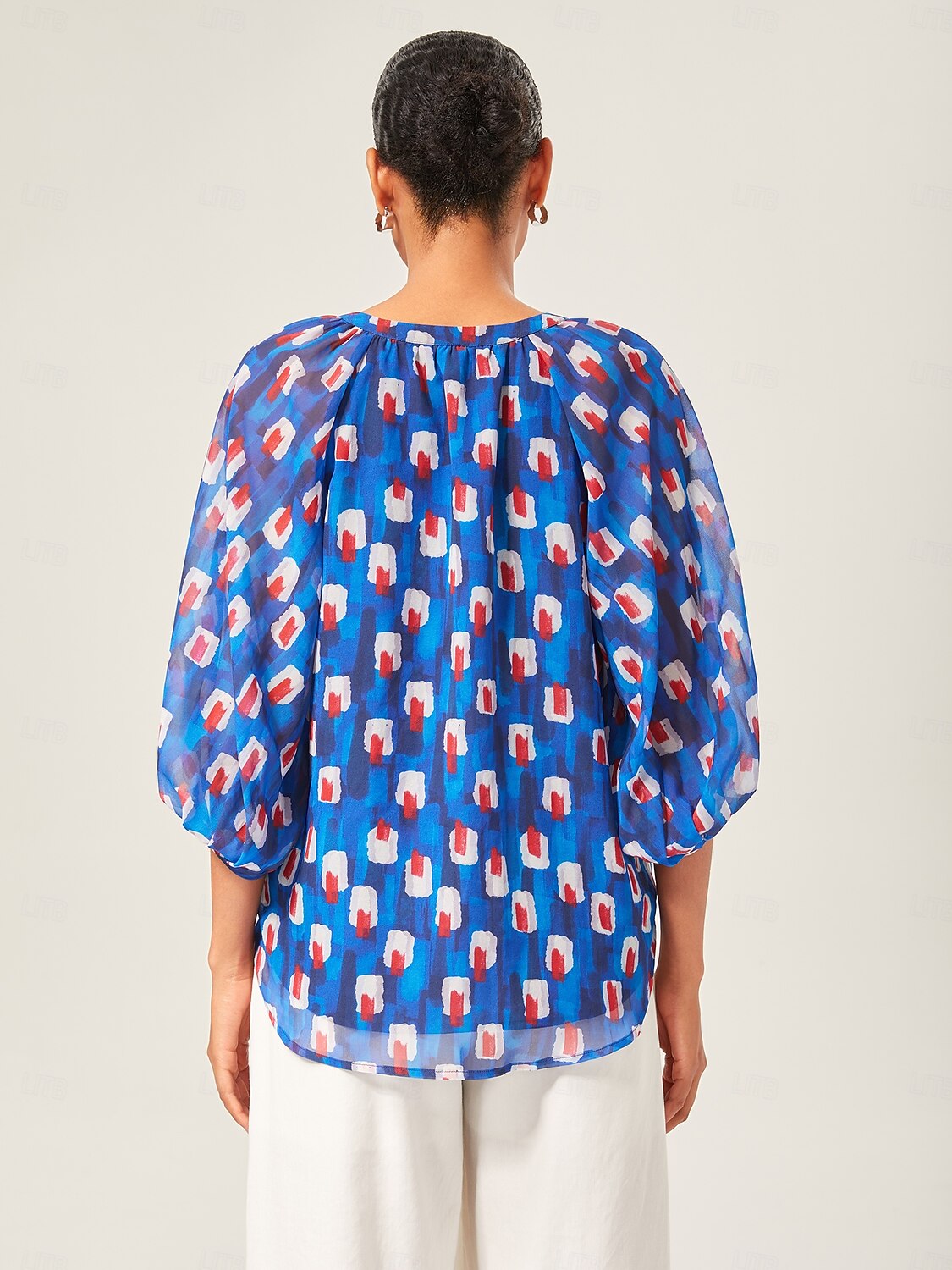 Geometric Chiffon Lantern Sleeve Top