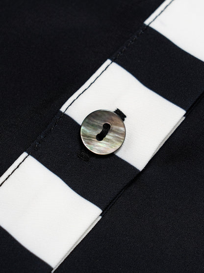 Blouse Black Satin Geometric Print Flare Cuff