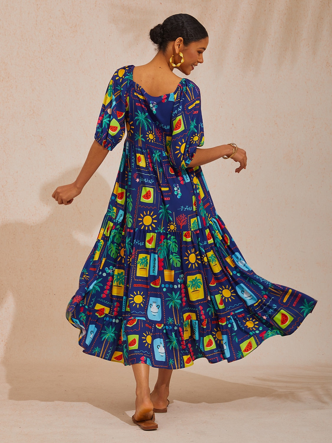 Vacation Tropical Geometric Print A Line Satin Maxi Dress