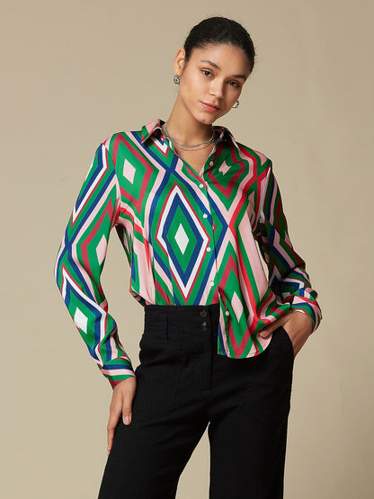 Satin Geometric Print Casual Shirt