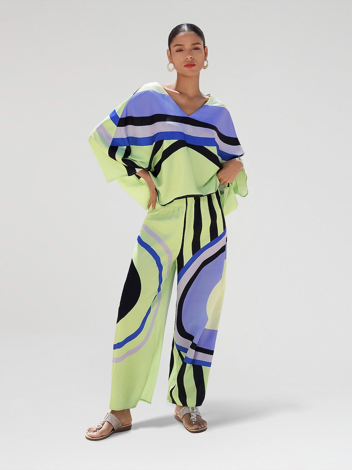 Satin Geometric Pattern Print Poncho Blouse