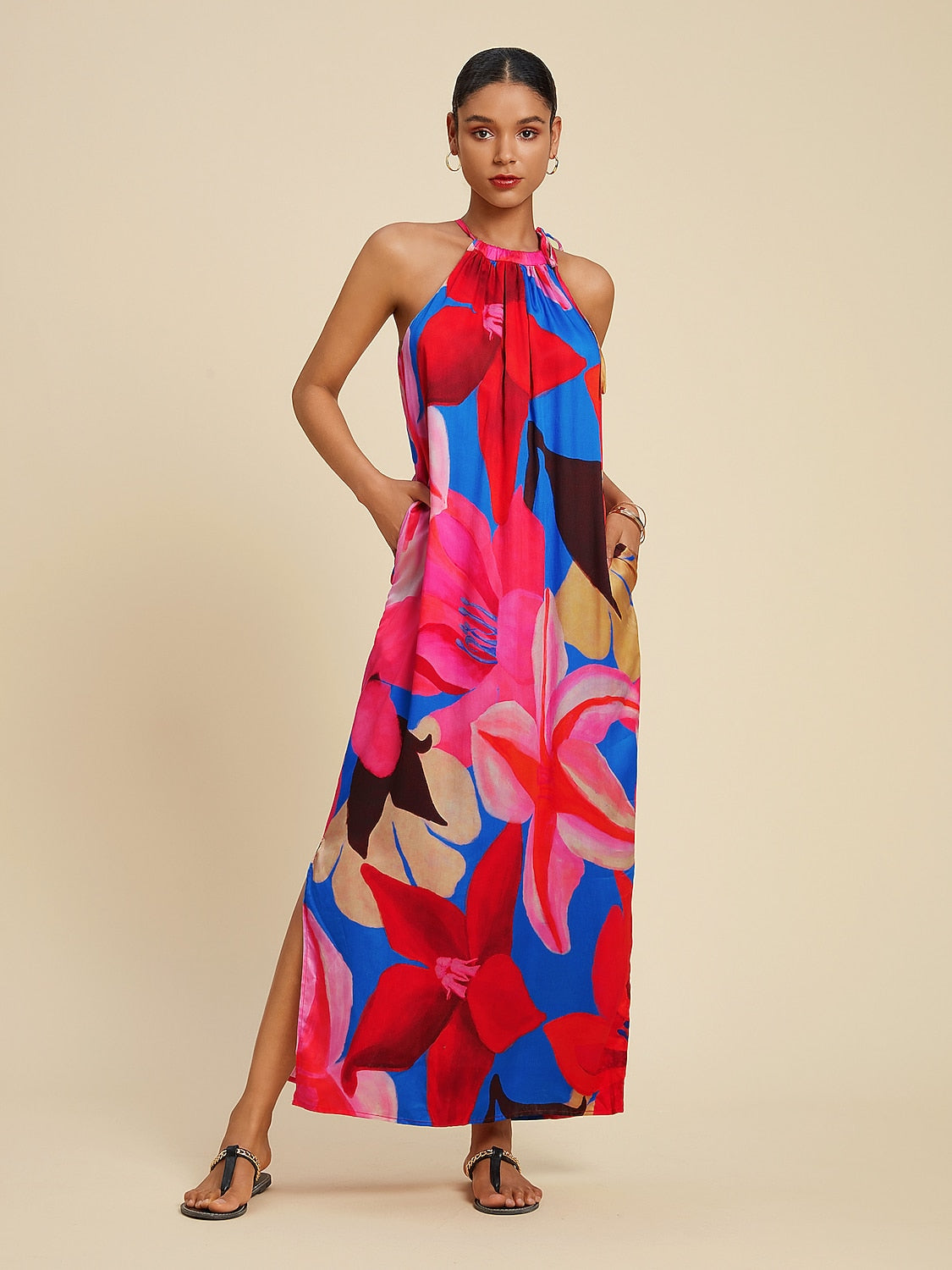 Tencel Floral Print Halter Maxi Dress