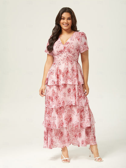 Floral Chiffon Maxi Dress A Line Tiered Ruffle Cake