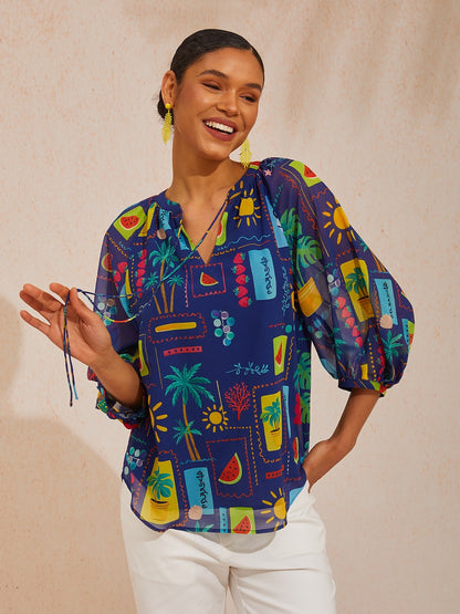 Vacation Tropical Geometric Floral Loose Chiffon Top