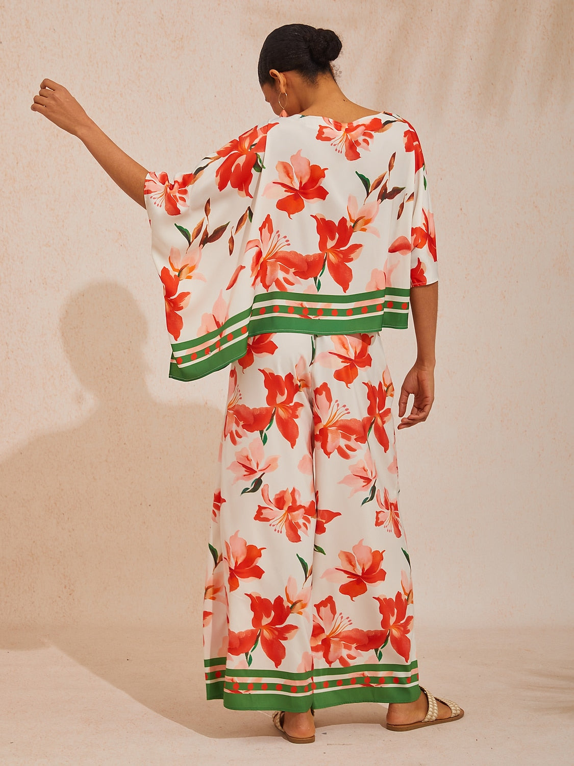 Vacation Color-Block Floral Elastic Waist Satin Wide leg Pants