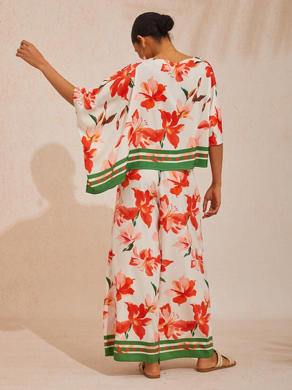 Vacation Color-Block Floral Dolman Sleeve Satin Top