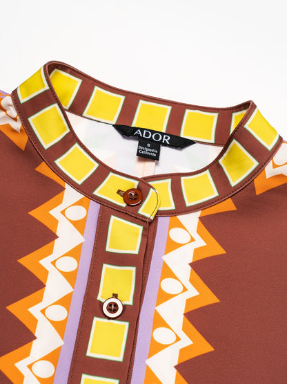 Shirt Brown Bohemian Geometric Graphic Satin Silk