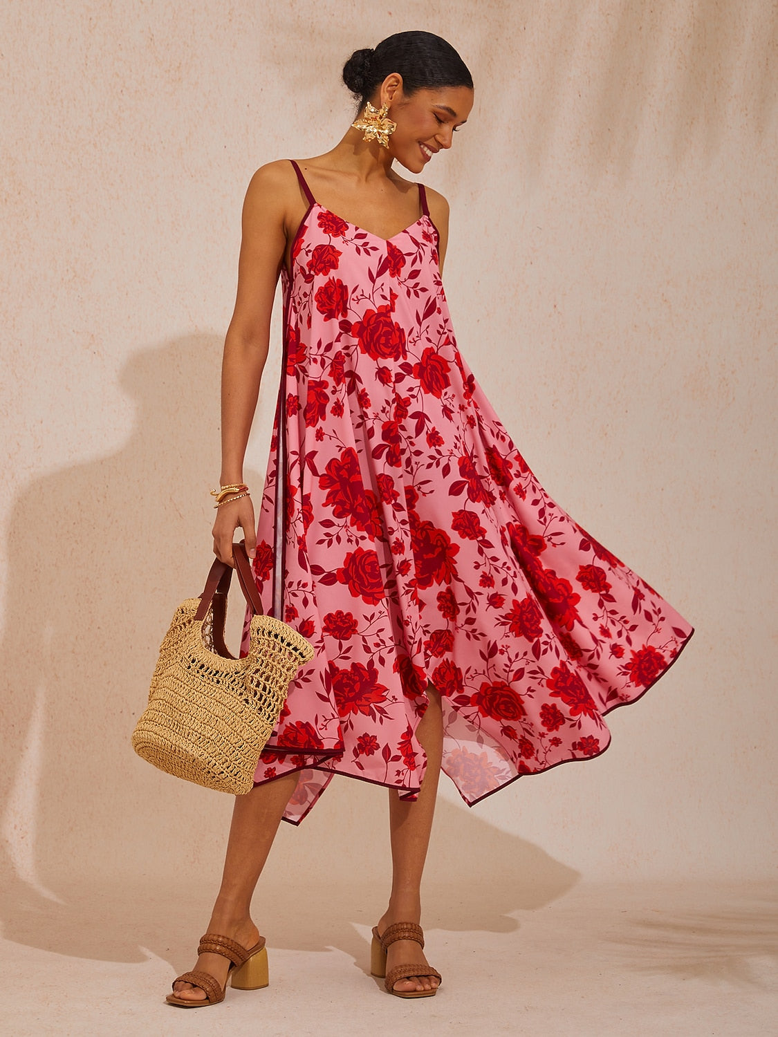 Vacation Pink Floral A-Line Cotton-Like Cami Dress