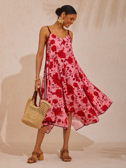 Vacation Pink Floral A-Line Cotton-Like Cami Dress