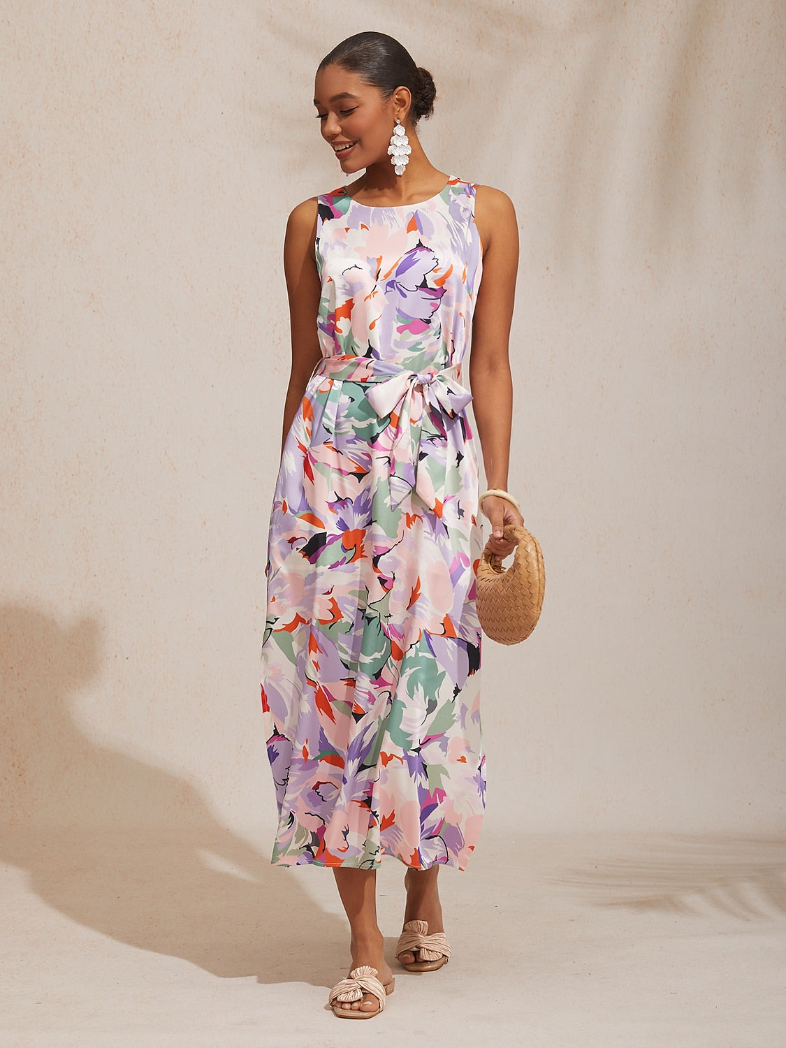 Vacation Abstract Floral Print Straight Fit Satin Maxi Dress