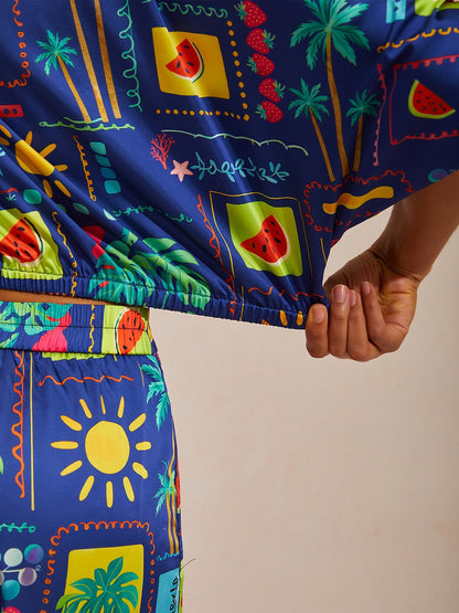 Vacation Geometric Tropical Print Dolman Sleeve Satin Short Shirt