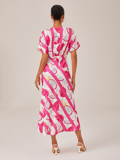 Satin Dragon Fruit Stripes Print Vacation Batwing Maxi Dress