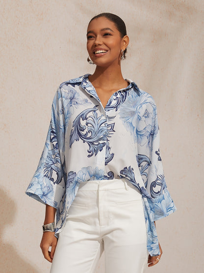 Vacation Retro Floral Dolman Sleeve Chiffon Short Shirt