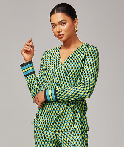 Green Geometric Print Stretchy Wrap Satin Top