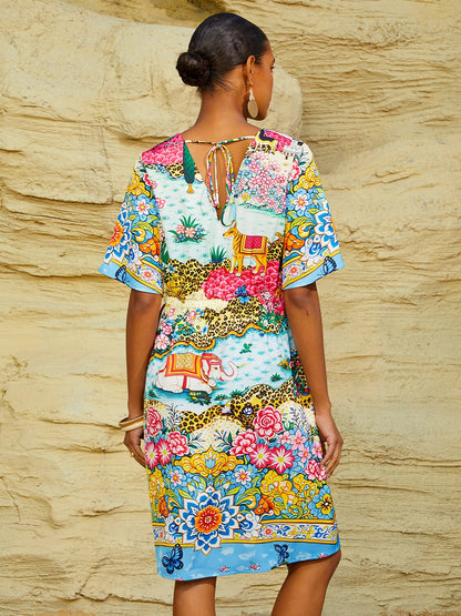 Vacation Print Satin Short Sleeves Mini Dress