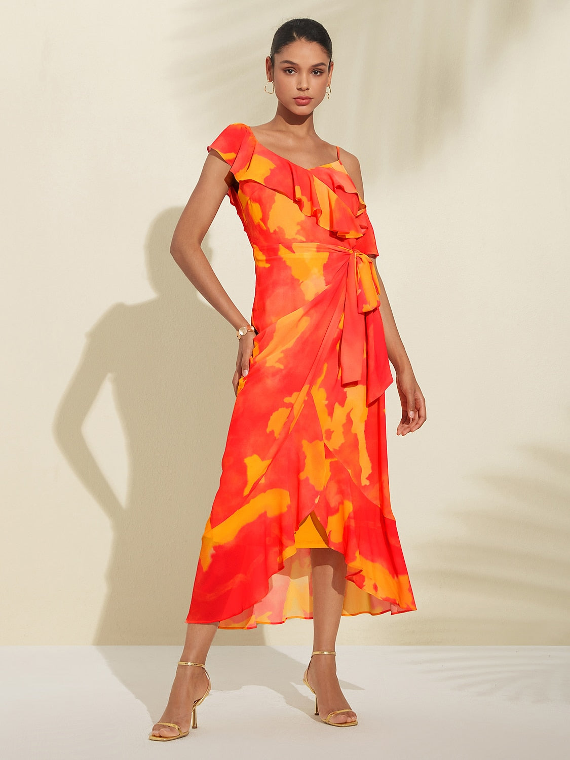 Orange Abstract Print Asymmetrical Ruffle Chiffon Dress