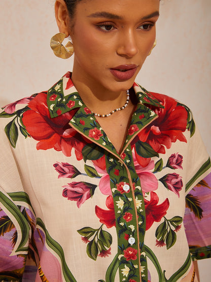 Vacation Placement Floral Turn-down Collar Linen-like Short Sleeve Shirt