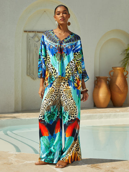 Vacation Leopard Feather Print Straight Fit Satin Long Pants