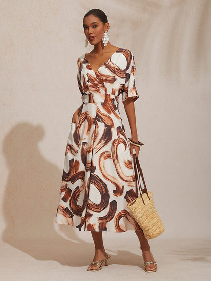 Vacation Abstract Brushstroke Print Waist Cinching Satin Maxi Dress