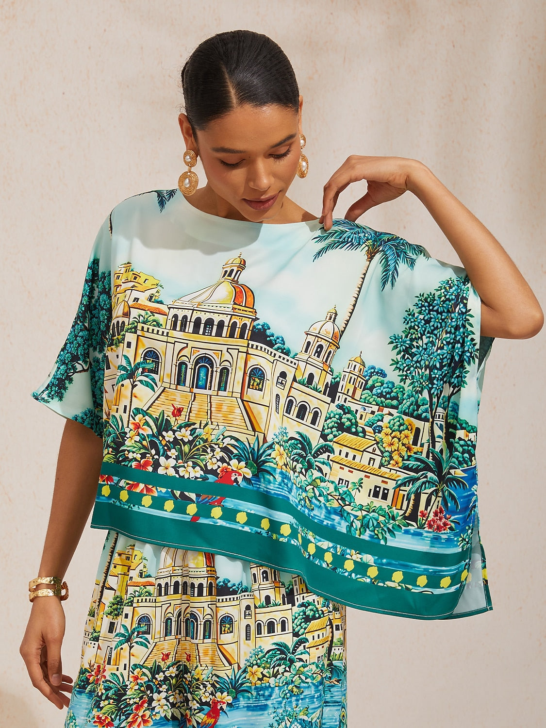 Summer Night Palm Silky Satin Dolman Sleeve Top