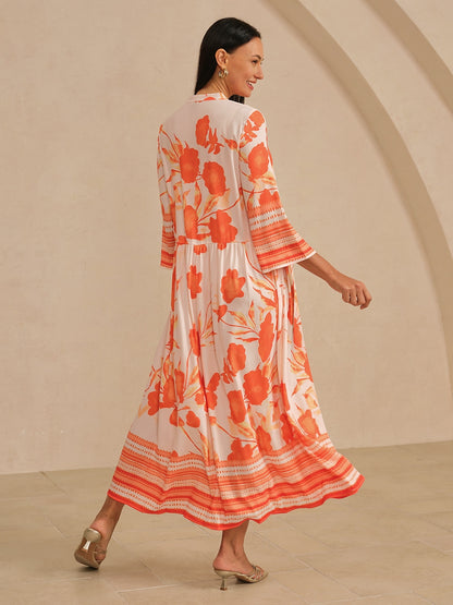 Maxi Dress Satin Loose Stand Collar Floral