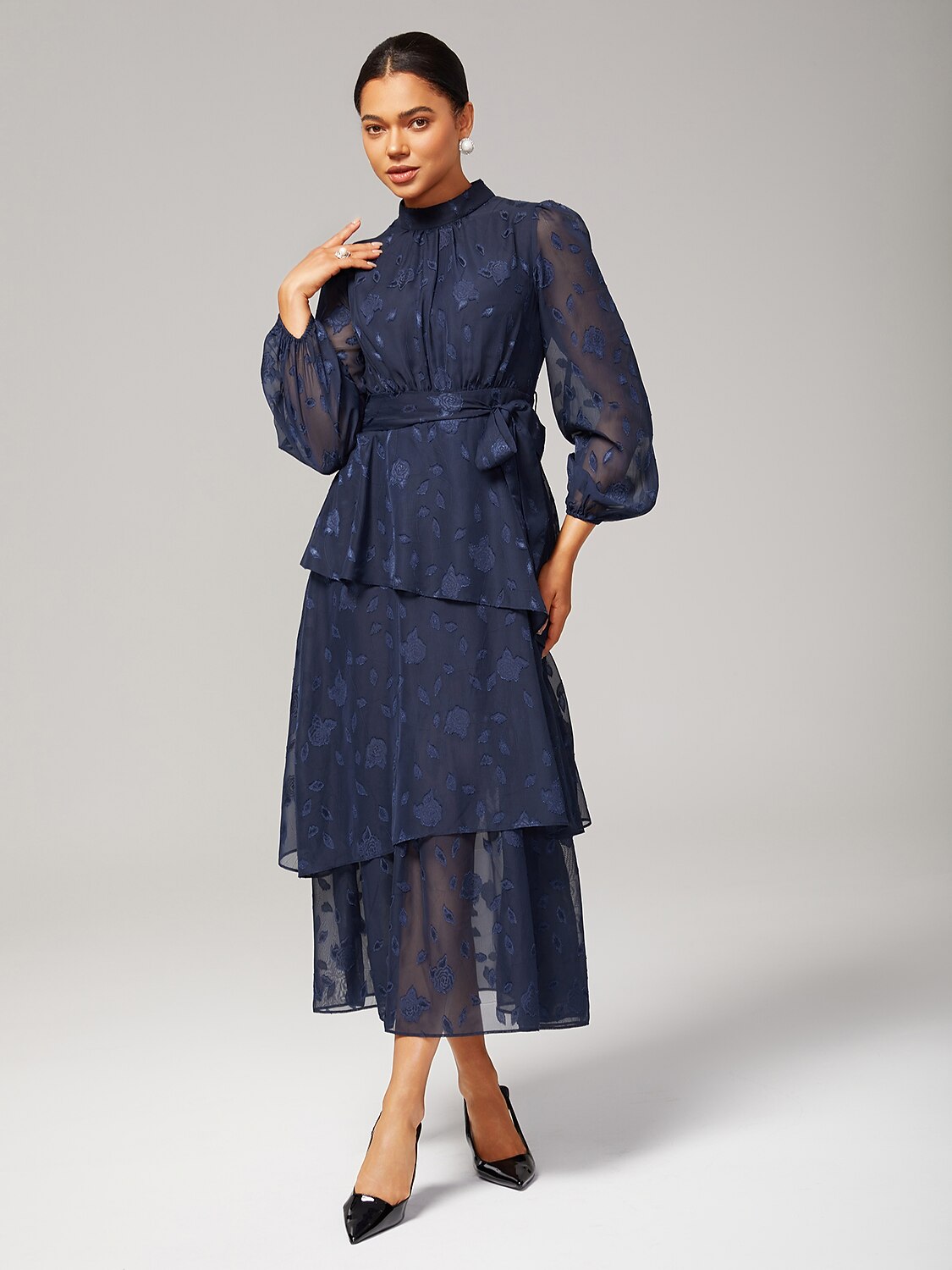 Elegant Floral Print High-Neck Maxi Chiffon Dress