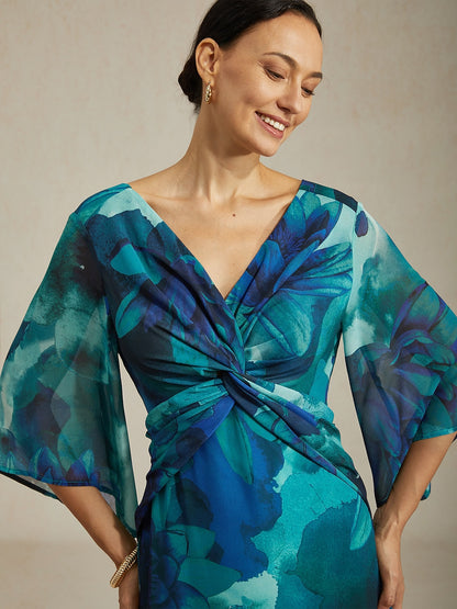 Maxi Dress Green Abstract Floral Print Twist Knot