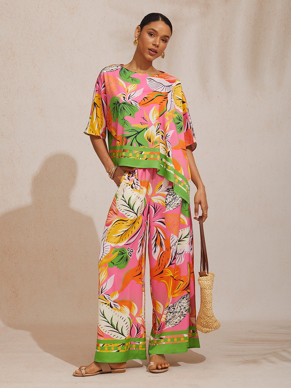 Summer Night Palm Silky Satin Dolman Sleeve Top