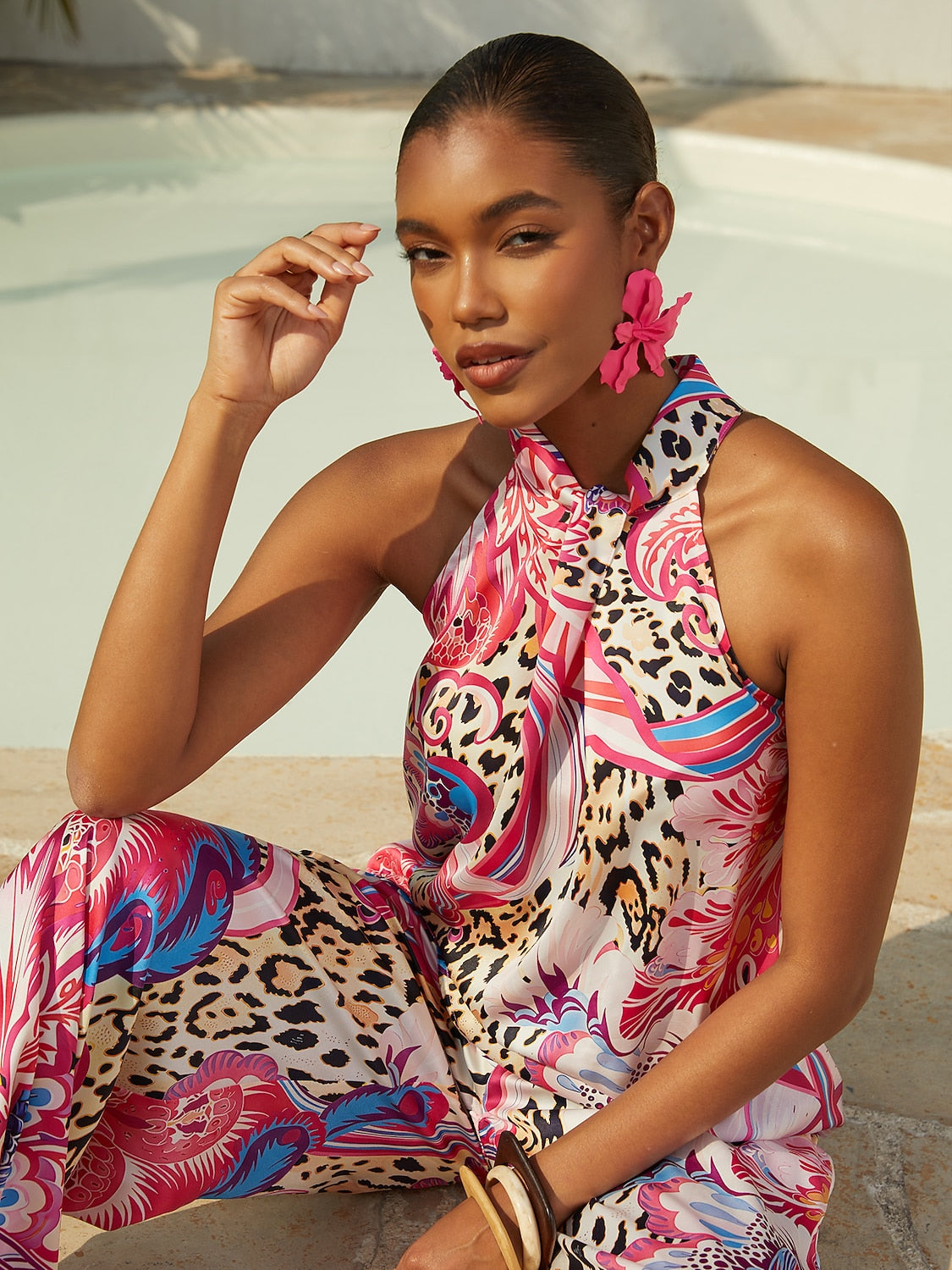 Vacation Pink Paisley Print Satin Short Top