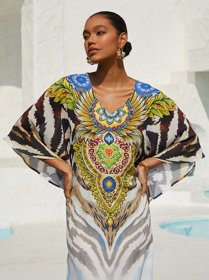 Mallorca Blossom Flowy Chiffon Dolman Sleeve Maxi Dress