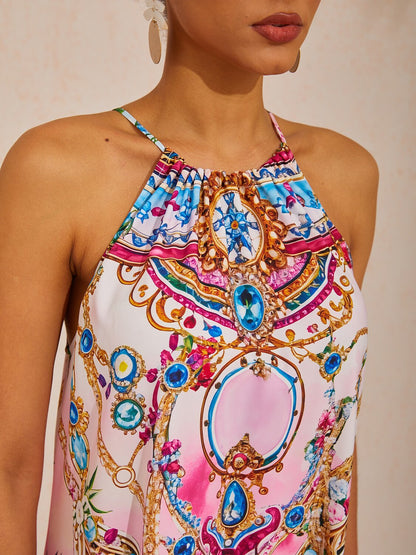 Vacation Jungle Print Sleeveless Loose Satin Maxi Dress