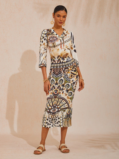 Abstract Leopard Print High Stretch Knit Maxi Dress
