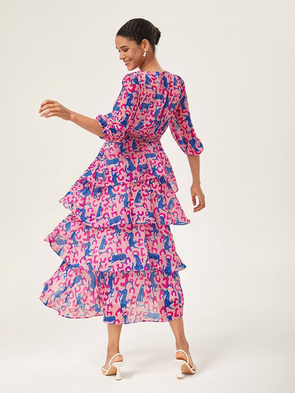 Pink Leopard Chiffon Cinched Peplum Dress