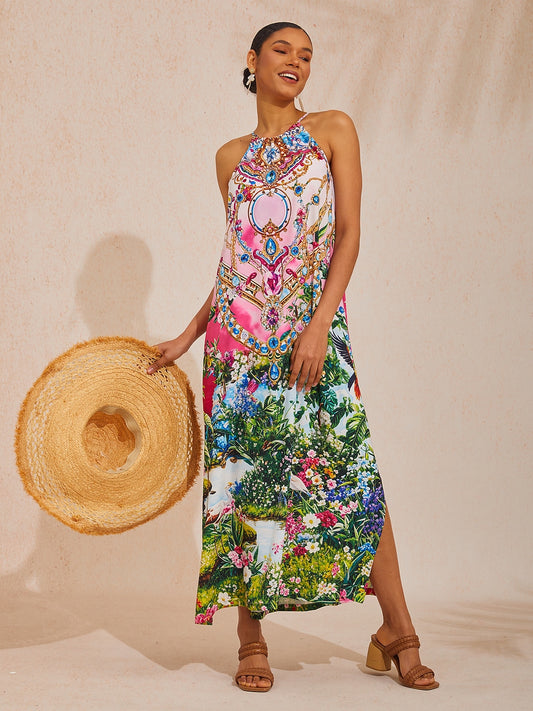 Vacation Jungle Print Sleeveless Loose Satin Maxi Dress