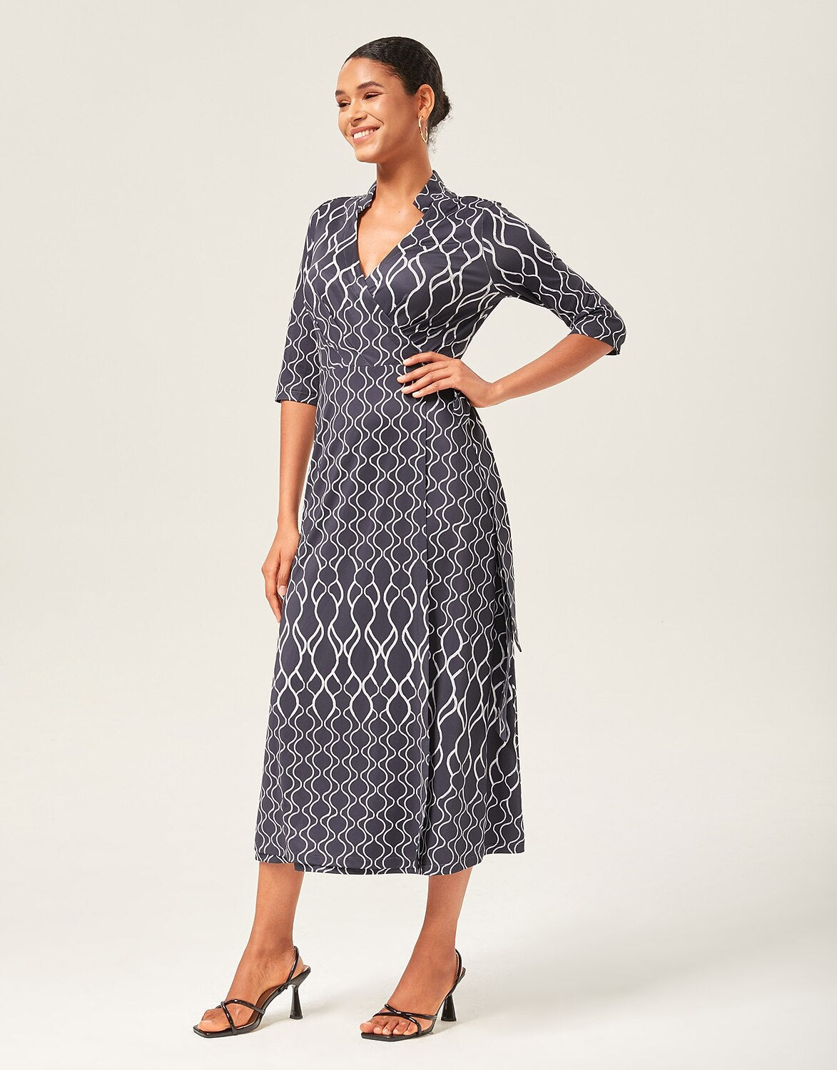 Geometric Print Stretch Satin Wrap Dress