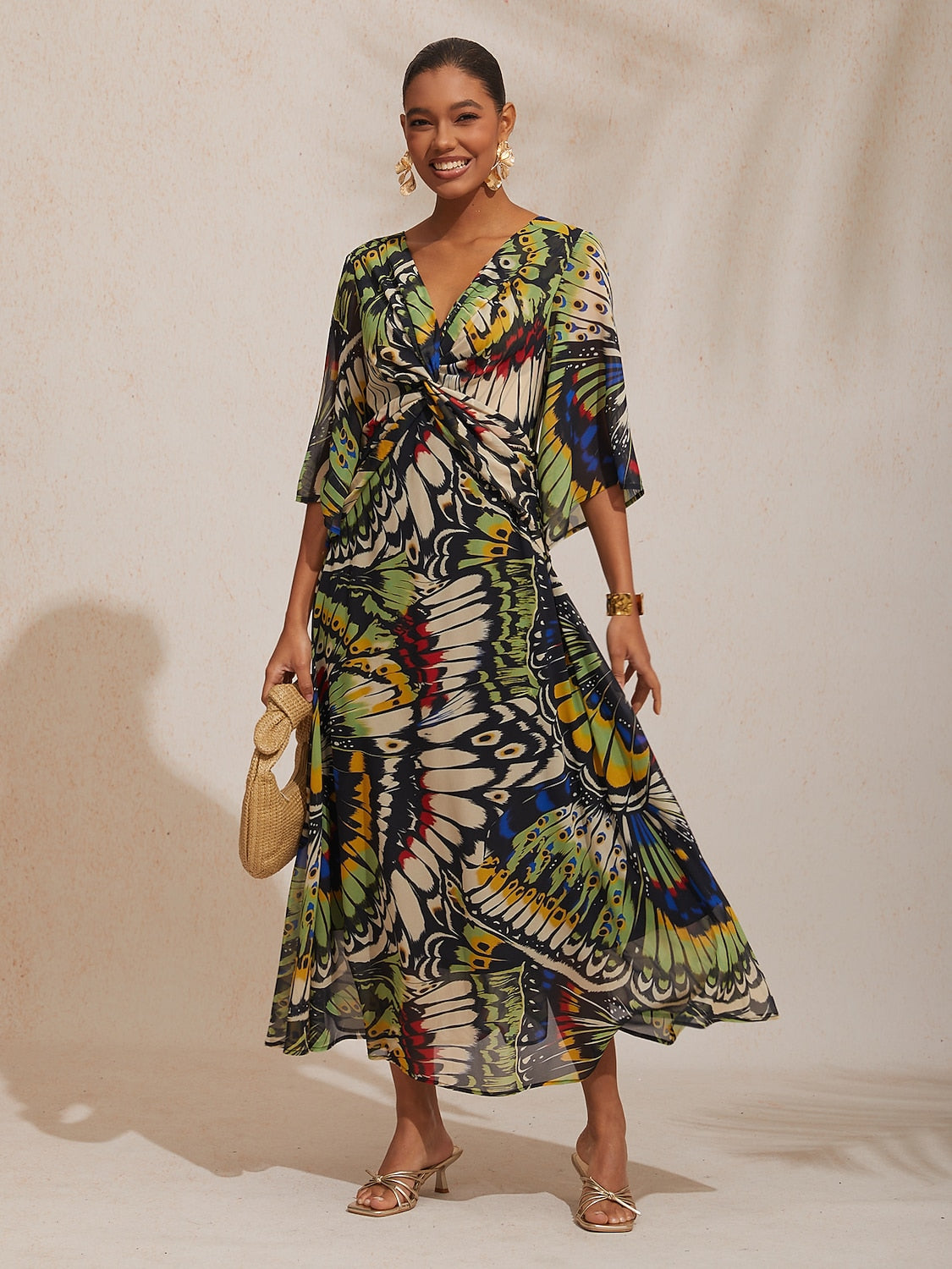 Vacation Butterfly Print Waist Defined Chiffon Maxi Dress