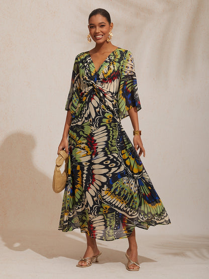Vacation Butterfly Print Waist Defined Chiffon Maxi Dress