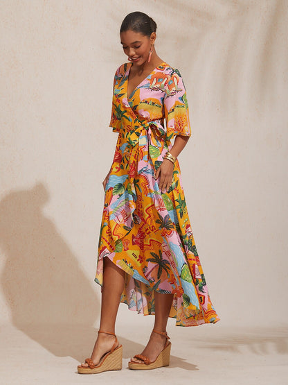 Vacation Beach Print Crisscross Tie Straps Satin Maxi Dress