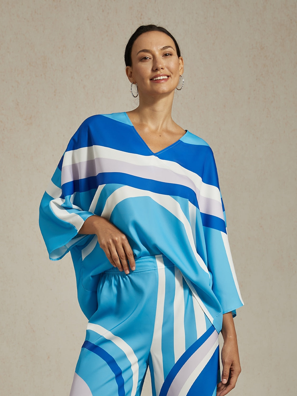 Satin Geometric Pattern Print Poncho Blouse