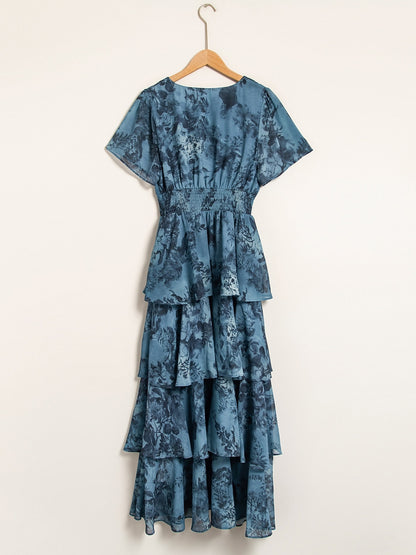 Floral Chiffon Maxi Dress A Line Tiered Ruffle Cake