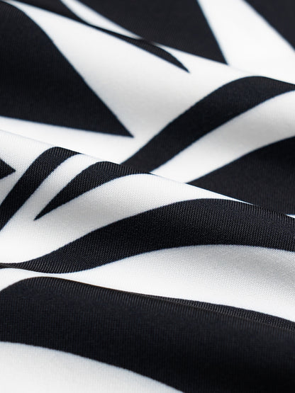 Blouse Black Satin Geometric Print Flare Cuff